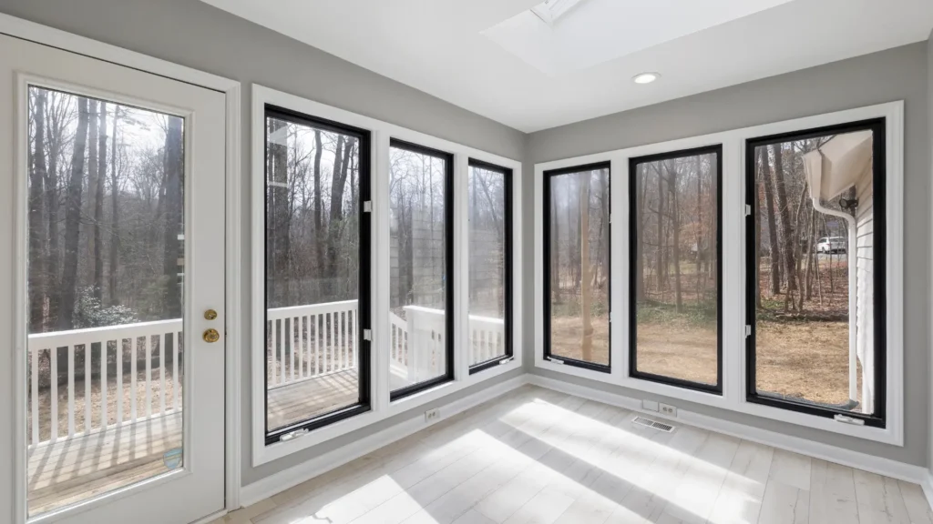 Sunroom lined with black-framed European casement windows
