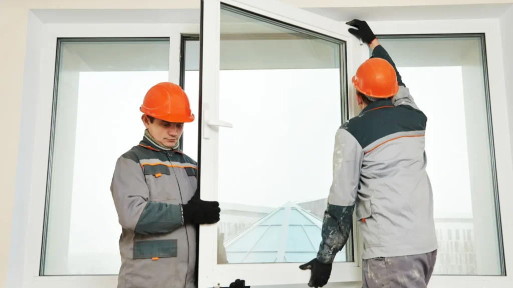 Technicians professionally installing a European window