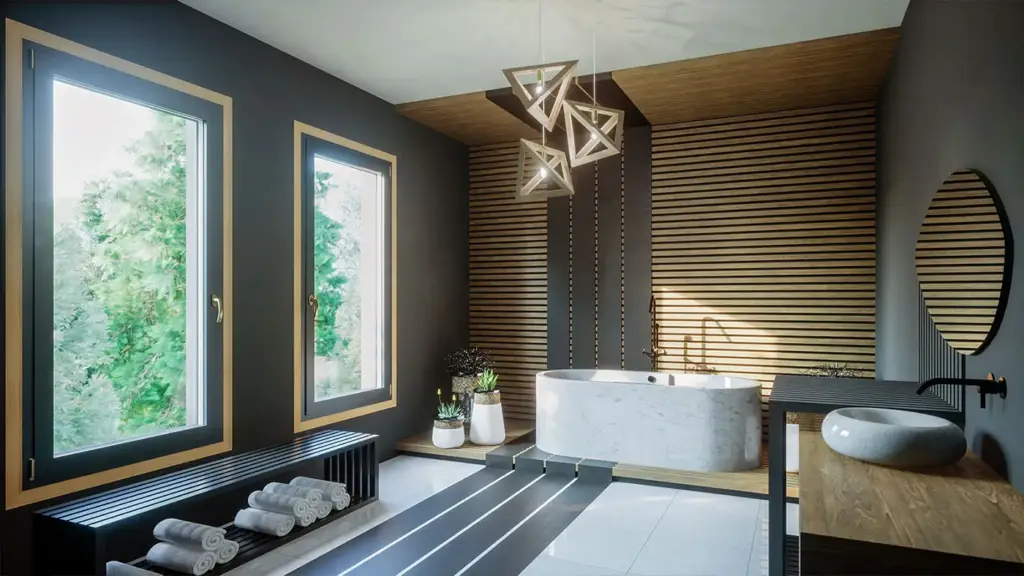Luxury bathroom featuring European wood-clad windows