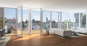 Large picture window framing a view in a living room