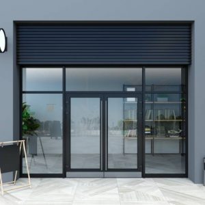 3D illustration. The facade of a modern shopping center or station, an airport with modern white office entrance door