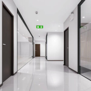 3d rendering Empty office corridor with glass walls — Euro Windows